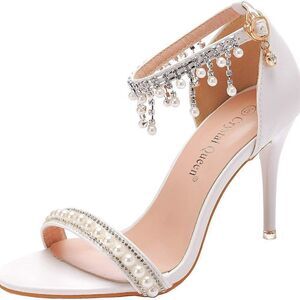 Wedding Beaded Tassels Ankle Strap Pearl High Heel Stiletto Heels Peep Toe Heels